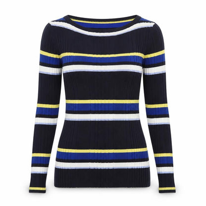 Front view of Marks & Spencer women’s blue boat neck striped viscose jumper, size UK 10