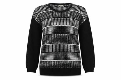 Front view of Papaya women’s black crew neck geometric acrylic jumper, size UK 14