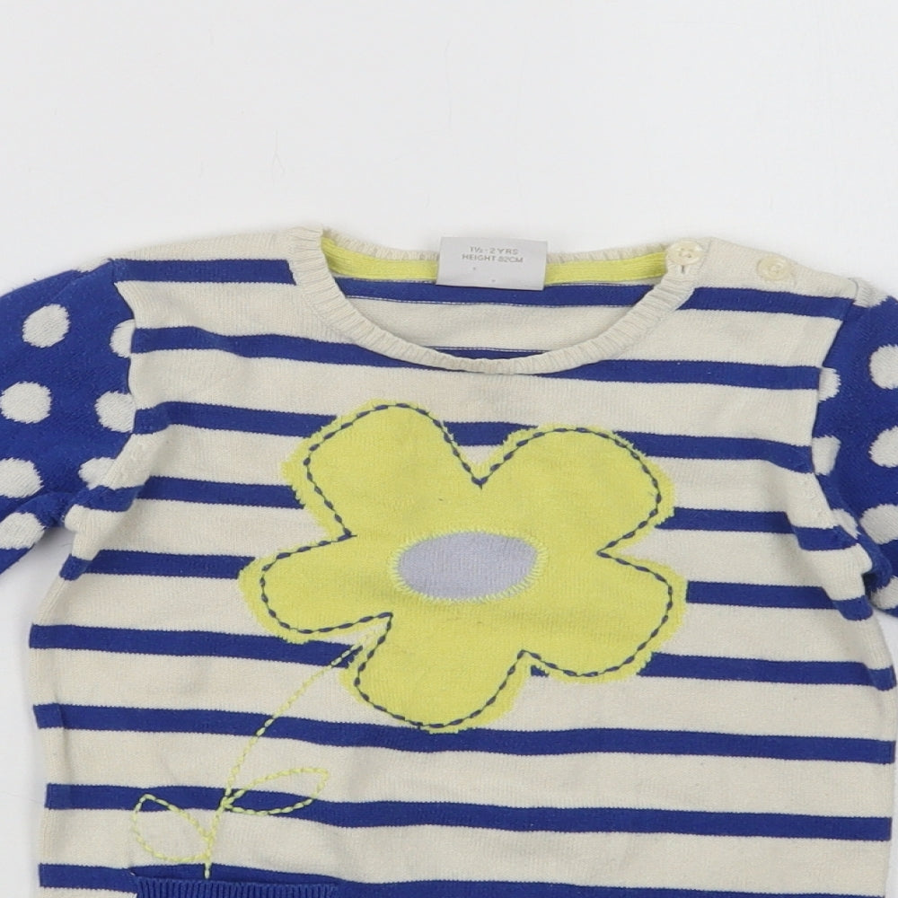 NEXT Girls Blue Crew Neck Striped Cotton Pullover Jumper Size 2 Years   - Flower