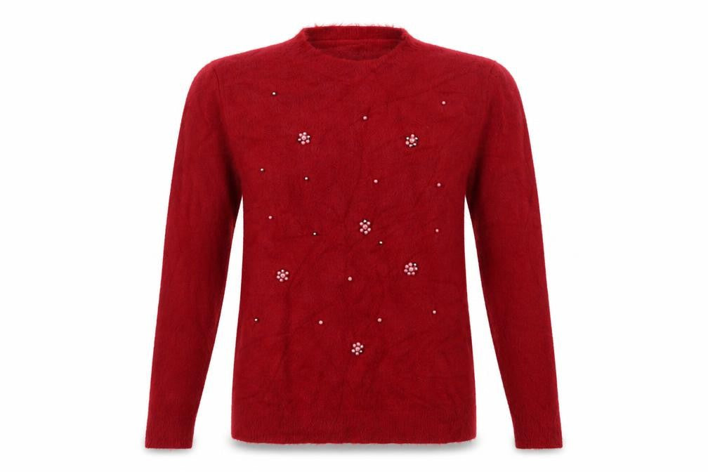 Front view of Preworn women’s red crew neck acrylic shrug jumper, size M