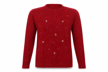 Front view of Preworn women’s red crew neck acrylic shrug jumper, size M