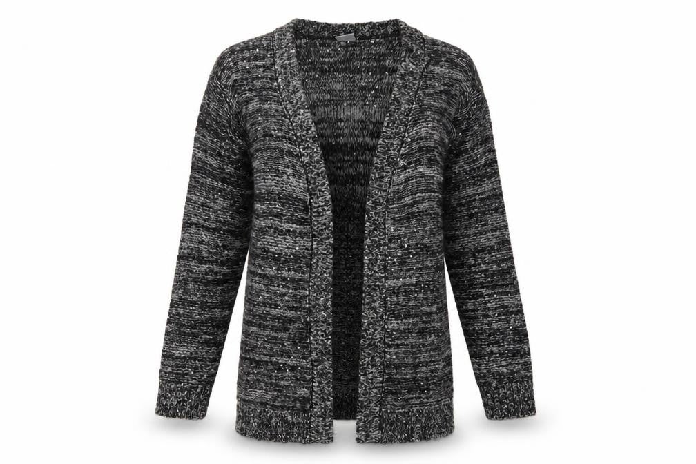 Front view of Vero Moda women’s grey v-neck acrylic cardigan jumper, size S