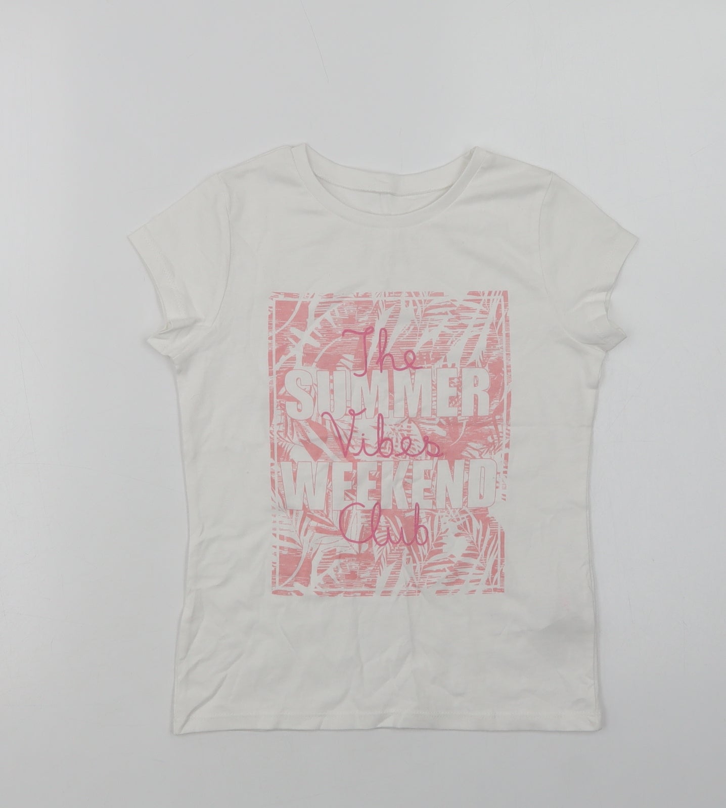 George Girls White  Cotton Basic T-Shirt Size 6-7 Years Crew Neck  - Summer Vibes