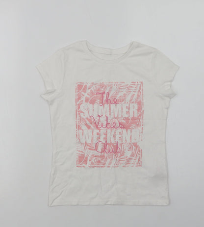 George Girls White  Cotton Basic T-Shirt Size 6-7 Years Crew Neck  - Summer Vibes