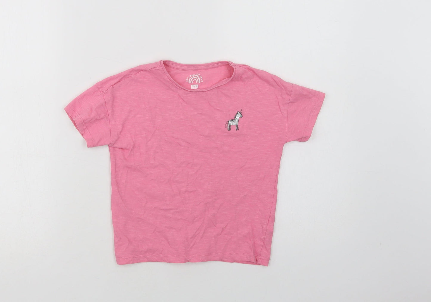 F&F Girls Pink  Cotton Basic T-Shirt Size 5-6 Years Crew Neck  - Unicorn