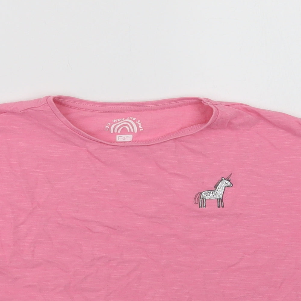 F&F Girls Pink  Cotton Basic T-Shirt Size 5-6 Years Crew Neck  - Unicorn