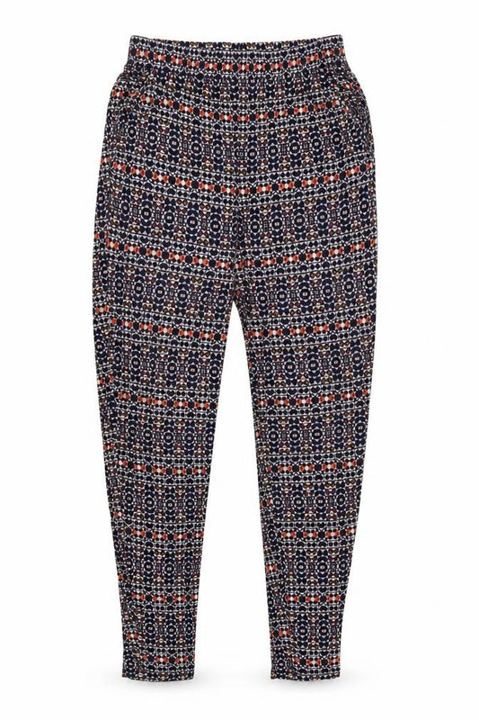 Front view of H&M women’s blue geometric viscose windbreaker trousers, size S, 30-inch leg regular