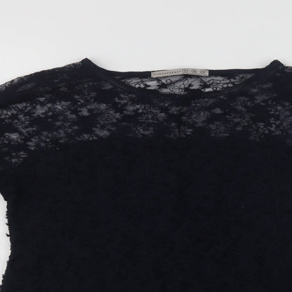 Primark Womens Blue  Cotton Basic Blouse Size 8 Crew Neck - Lace Detail