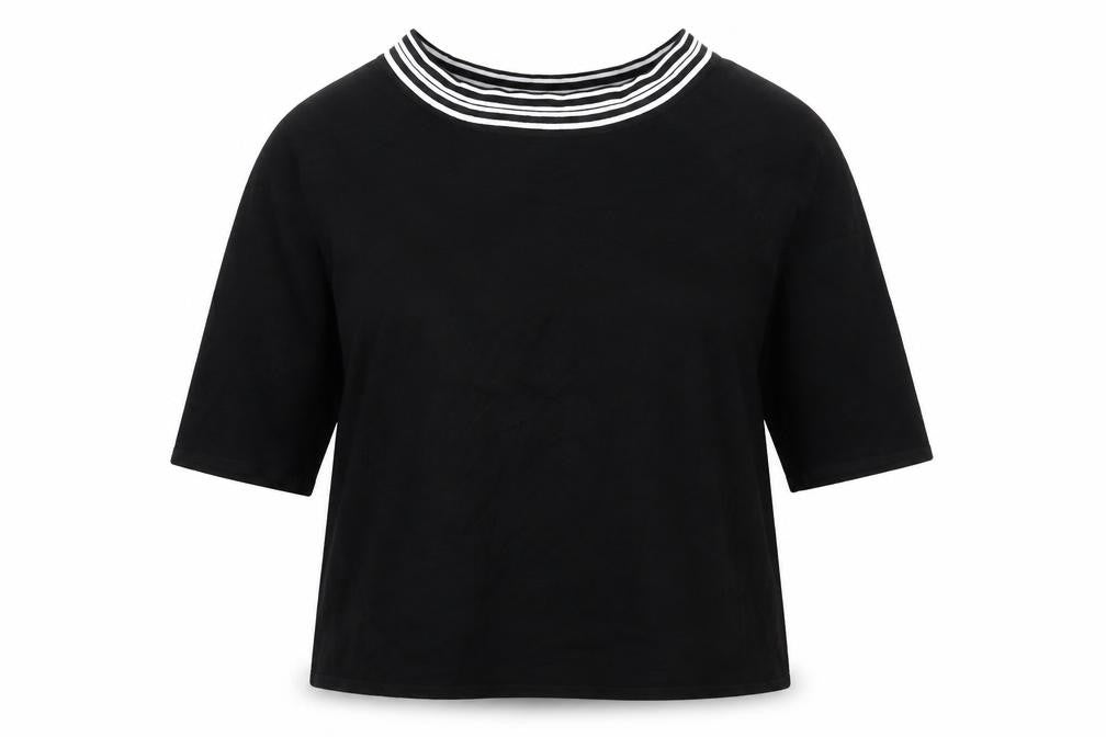 Front view of AMARANTO women’s black boat neck striped viscose jumper, size UK 18