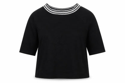 Front view of AMARANTO women’s black boat neck striped viscose jumper, size UK 18