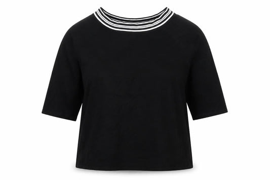 Front view of AMARANTO women’s black boat neck striped viscose jumper, size UK 18