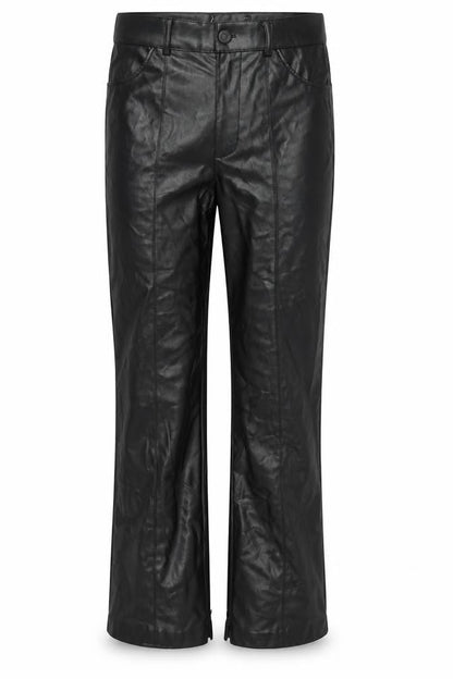 Front view of Preworn men’s black polyurethane trousers, size 29, in, 32-inch leg regular button