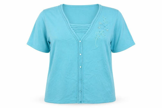 Front view of Bonmarché women’s blue round neck acrylic jumper, size XL, - flower