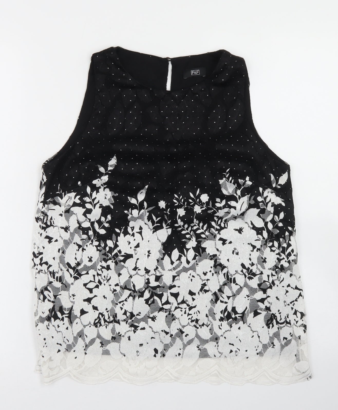 F&F Womens Black Floral Polyester Basic Blouse Size 8 Round Neck - Lace Overlay, Scalloped edging