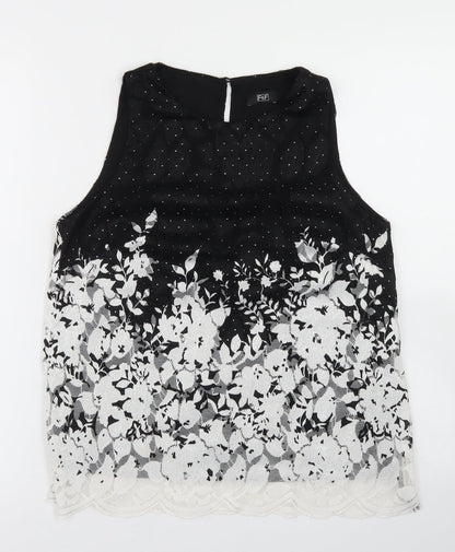 F&F Womens Black Floral Polyester Basic Blouse Size 8 Round Neck - Lace Overlay, Scalloped edging