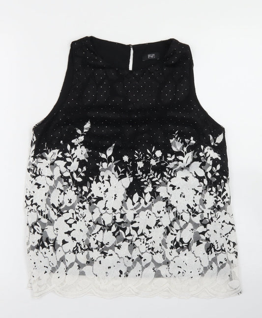 F&F Womens Black Floral Polyester Basic Blouse Size 8 Round Neck - Lace Overlay, Scalloped edging