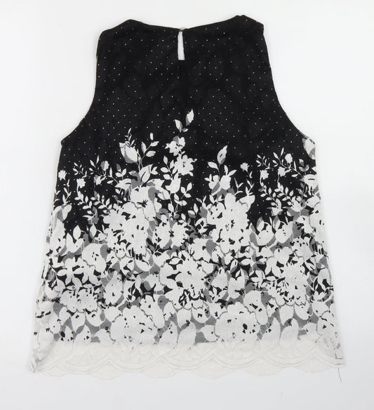 F&F Womens Black Floral Polyester Basic Blouse Size 8 Round Neck - Lace Overlay, Scalloped edging