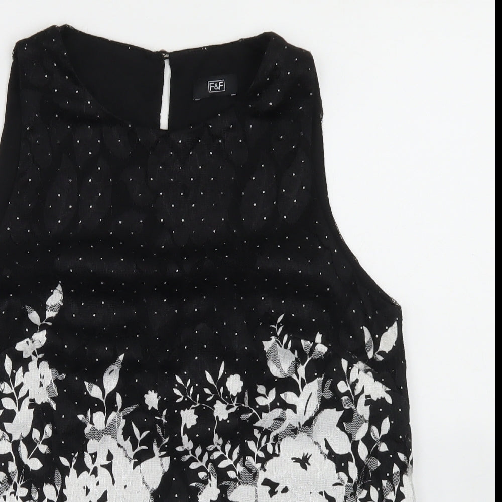 F&F Womens Black Floral Polyester Basic Blouse Size 8 Round Neck - Lace Overlay, Scalloped edging
