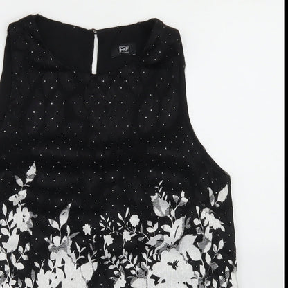 F&F Womens Black Floral Polyester Basic Blouse Size 8 Round Neck - Lace Overlay, Scalloped edging