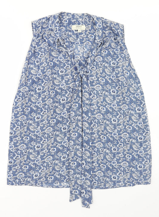 Papaya Womens Blue Floral Polyester Basic Blouse Size 8 Round Neck - Tie Neck