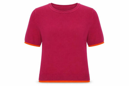 Front view of Love Knitwear women’s pink acrylic jersey t-shirt, size UK 10, crew neck