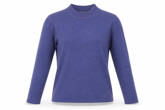 Front view of Sarah Hamilton women’s blue acrylic jersey t-shirt, size M, high neck