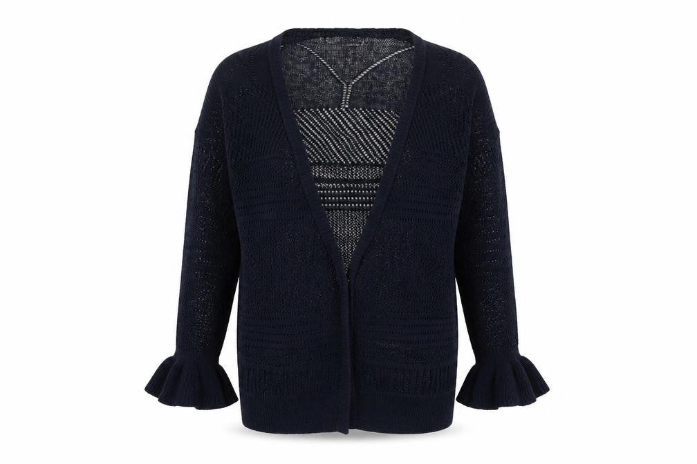 Front view of Papaya women’s blue v-neck acrylic cardigan jumper, size L