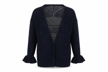 Front view of Papaya women’s blue v-neck acrylic cardigan jumper, size L