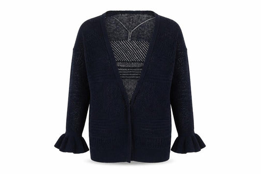 Front view of Papaya women’s blue v-neck acrylic cardigan jumper, size L