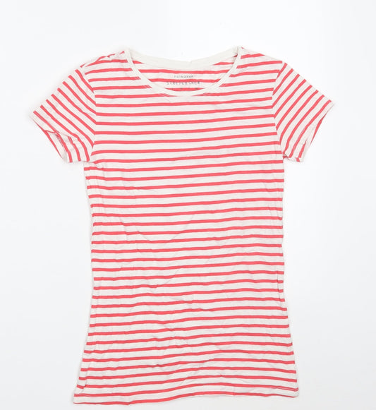 Primark Womens White Striped Cotton Basic T-Shirt Size 6 Crew Neck