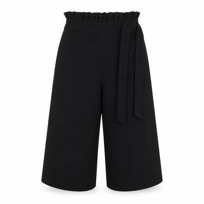 Front view of Miss Selfridge women’s black polyester cropped trousers, size UK 10, 29-inch leg regular tie
