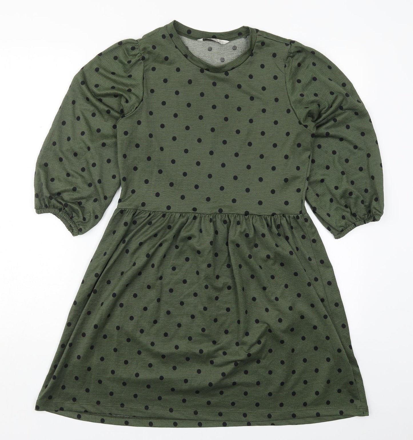 Stradivarius Womens Green Polka Dot Polyester Skater Dress  Size S  Crew Neck Pullover