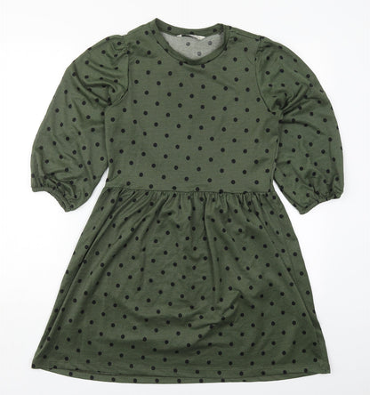Stradivarius Womens Green Polka Dot Polyester Skater Dress  Size S  Crew Neck Pullover