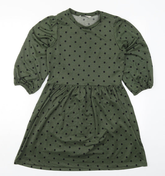 Stradivarius Womens Green Polka Dot Polyester Skater Dress  Size S  Crew Neck Pullover