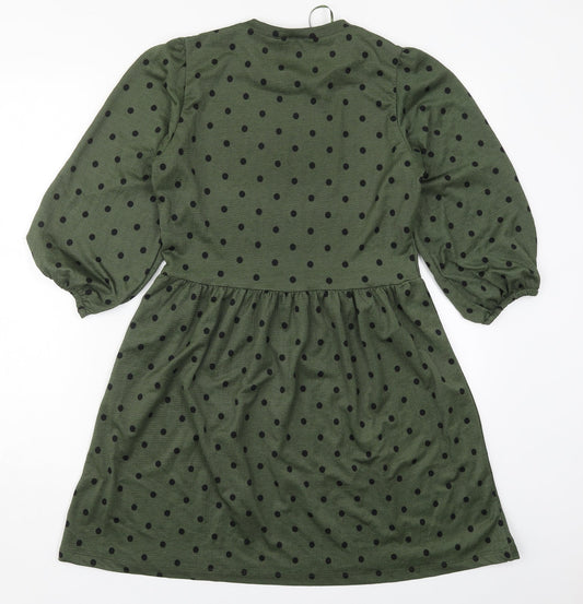 Stradivarius Womens Green Polka Dot Polyester Skater Dress  Size S  Crew Neck Pullover