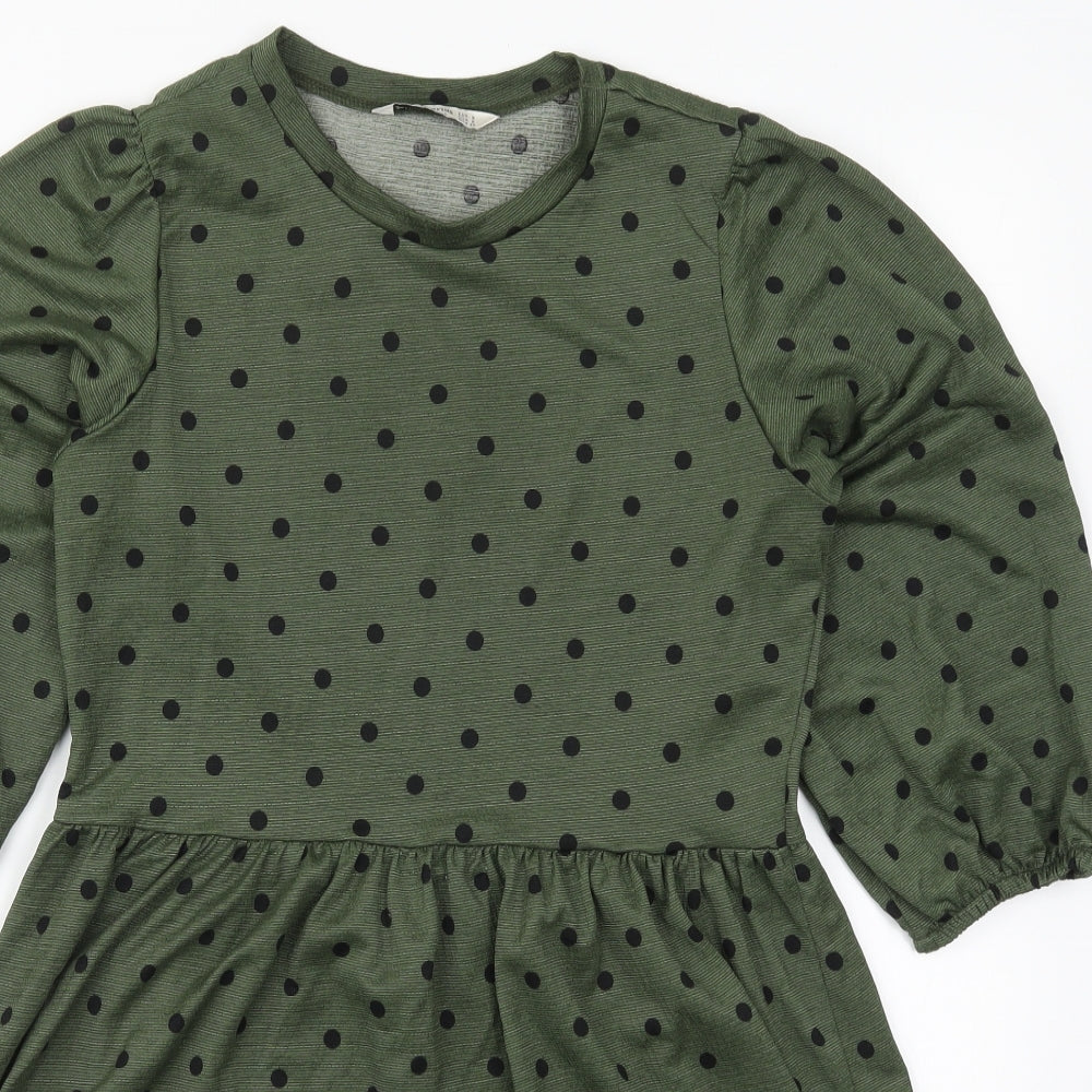 Stradivarius Womens Green Polka Dot Polyester Skater Dress  Size S  Crew Neck Pullover