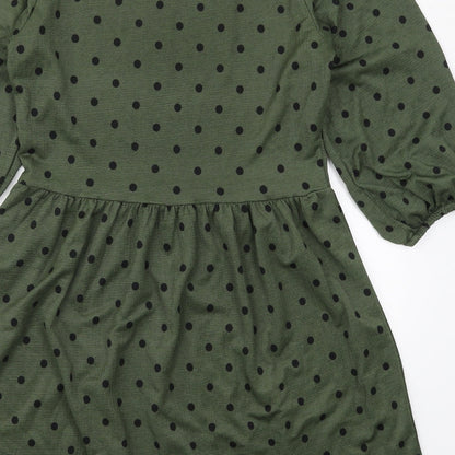 Stradivarius Womens Green Polka Dot Polyester Skater Dress  Size S  Crew Neck Pullover