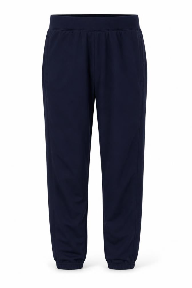 Front view of Preworn women’s blue polyester sweatpants, size UK 23, in, 24-inch leg regular