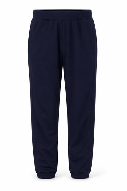 Front view of Preworn women’s blue polyester sweatpants, size UK 23, in, 24-inch leg regular