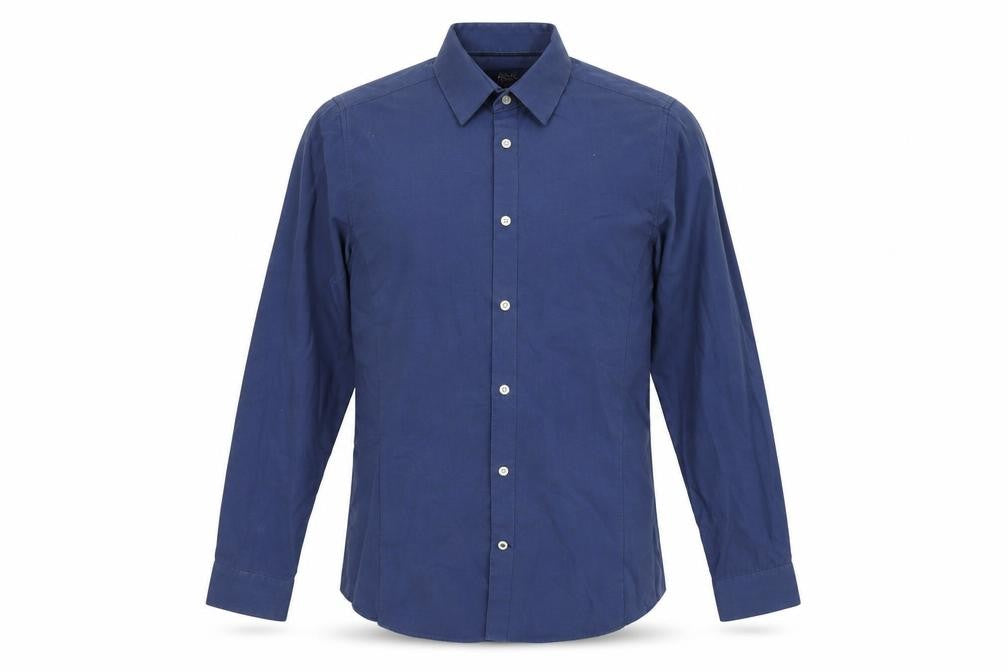 Front view of Burton men’s blue polyester button-up, size 14.5 round neck button - skinny fit