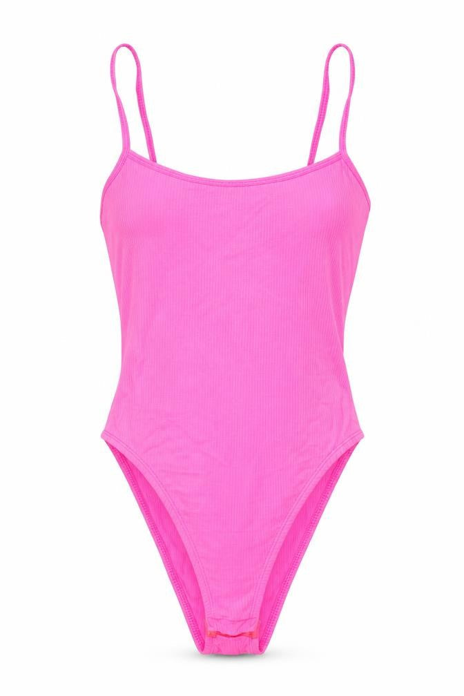 Front view of New Look women’s pink polyamide camisole t-shirt, size UK 6, boat neck - neon pink