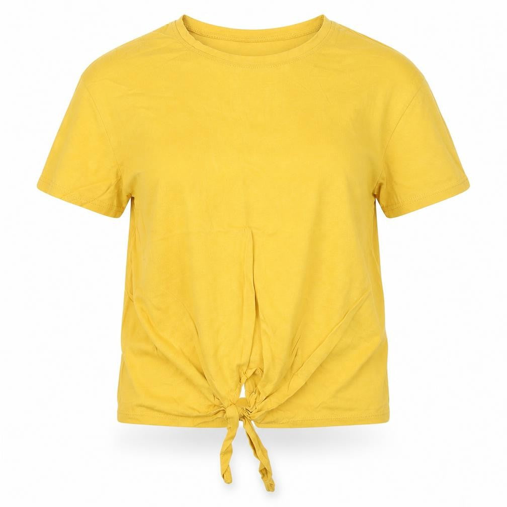 Front view of New Look women’s yellow cotton jersey t-shirt, size UK 6, roll neck