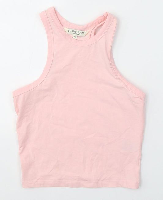 Brave Soul Womens Pink  Cotton Cropped Tank Size XS Round Neck