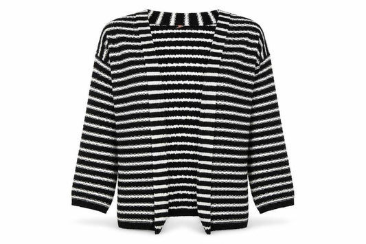 Front view of Sweewë women’s black v-neck striped acrylic cardigan jumper, size S