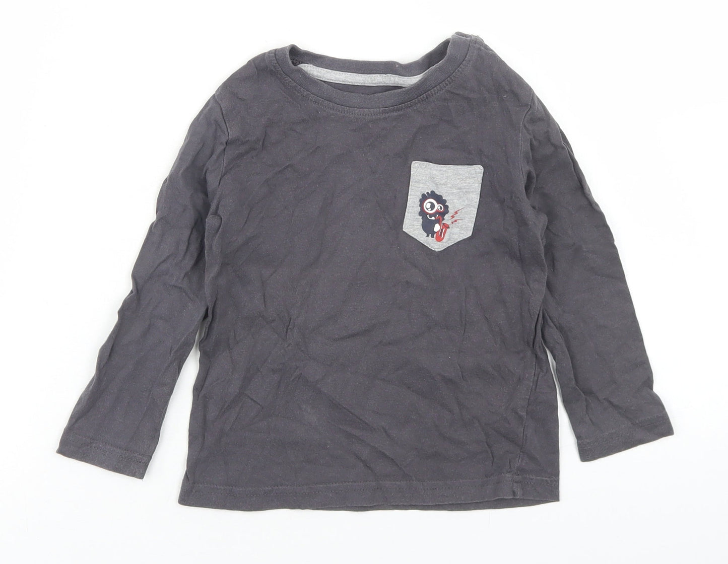 Lupilu Boys Grey  Cotton Basic T-Shirt Size 12-18 Months Crew Neck Snap - Monster