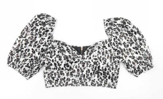 I SAW IT FIRST Womens Grey Animal Print Polyester Cropped Blouse Size 12 Square Neck