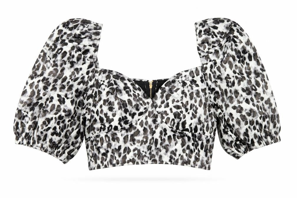 Front view of I SAW IT FIRST women’s grey animal print polyester cropped blouse, size UK 12, square neck