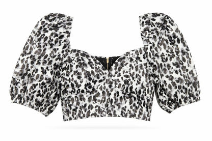 Front view of I SAW IT FIRST women’s grey animal print polyester cropped blouse, size UK 12, square neck
