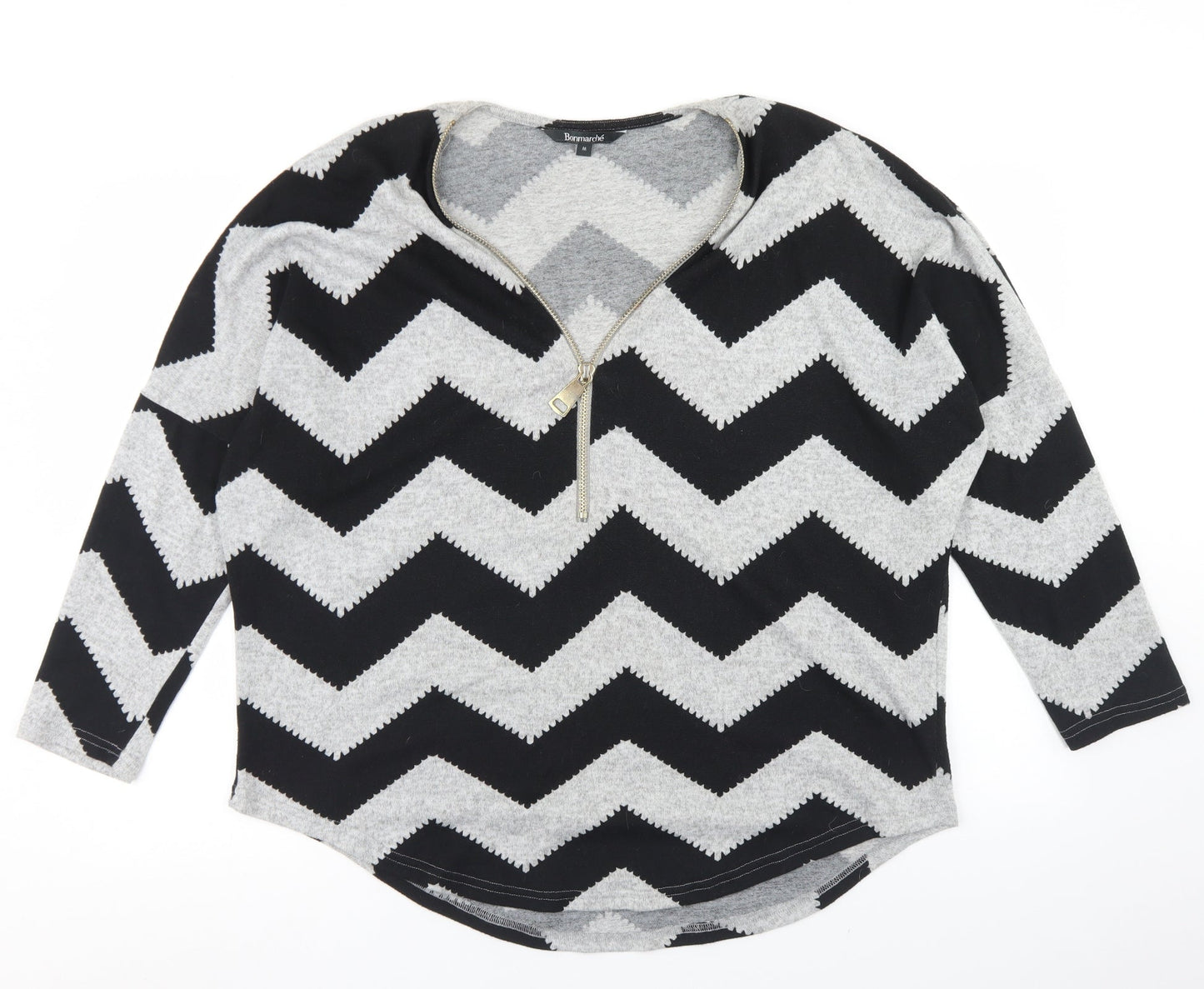 Bonmarché Womens Grey Striped Polyester Basic T-Shirt Size M V-Neck