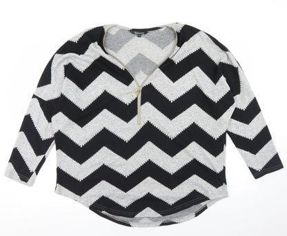 Bonmarché Womens Grey Striped Polyester Basic T-Shirt Size M V-Neck